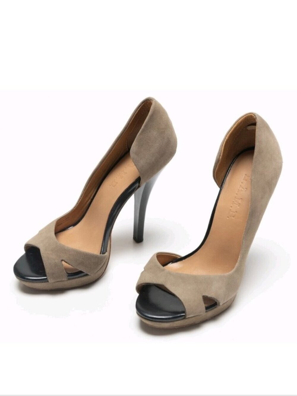 L.A.M.B. by Gwen Stefani stiletto platform peep toe pumps taupe black Sz 8.5